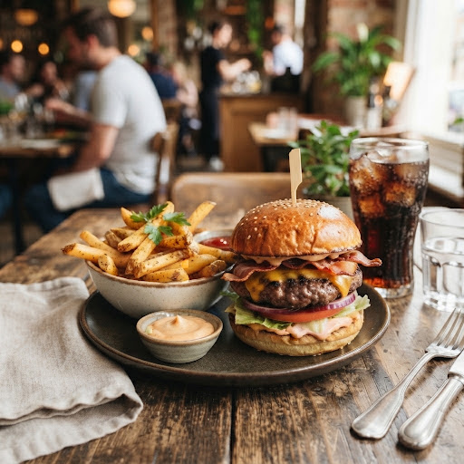 A signature Wagyu burger with truffle fries on a wooden table at a local restaurant.