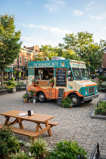 A professional food truck in a sunlit plaza